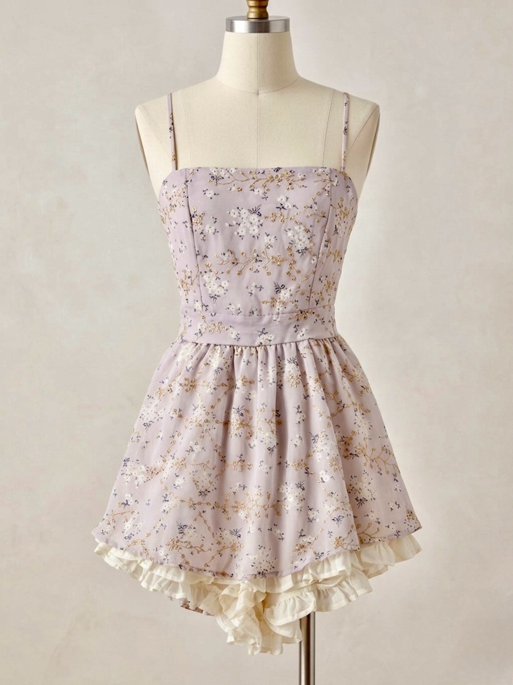 Lucy in the Sky Lilac Purple Floral Ruffle Chiffon Tie Back Romper - S - NWOT